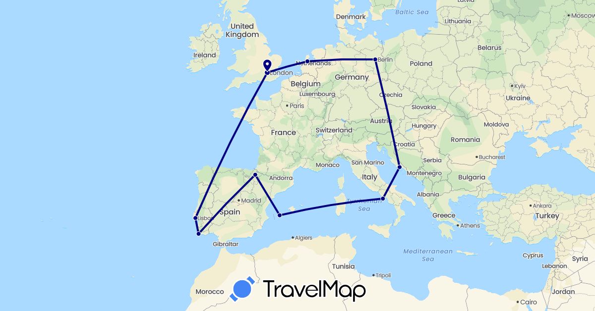 TravelMap itinerary: driving in Germany, Spain, United Kingdom, Croatia, Italy, Netherlands, Portugal (Europe)